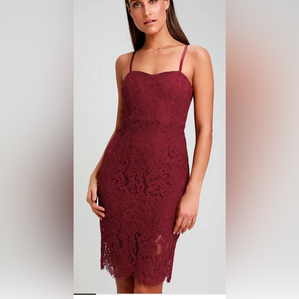Lulu's Burgundy Lace Strapless Sheath Dress